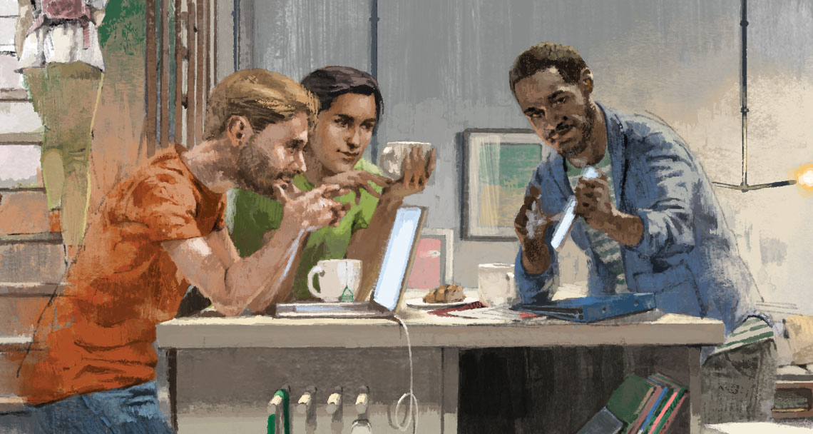 Illustration of people having a meeting at their desks